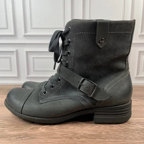 ABEO Verity Leather Combat/Moto Boots Lace Up Buckle Accent EUC Gray Size 9.5N - Picture 2 of 16